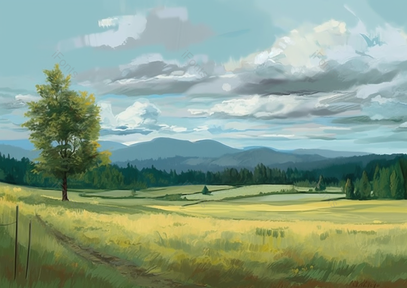 惬意绿色草地平原树林高山自然田园插画,插画/手绘图,插画/手绘图库,插画/手绘图下载,插画/手绘